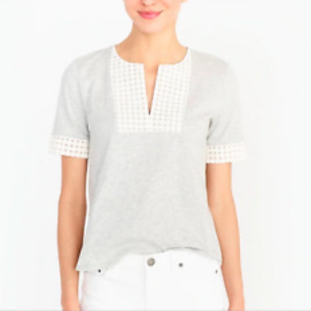 J. Crew Gray and White Short Sleeve Bib Collar Blouse